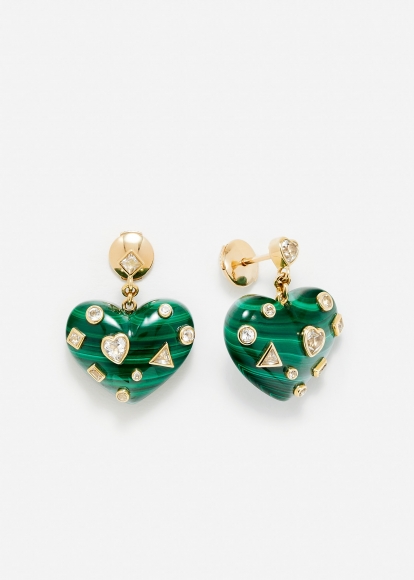 PAIRE DE BOUCLES D'OREILLE COEUR CONFETTIS MALACHITE OR JAUNE