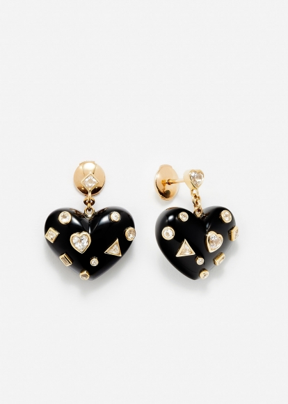 PAIRE DE BOUCLES D'OREILLE COEUR CONFETTIS ONYX OR JAUNE