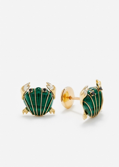 PAIRE DE MINI PUCES CRABE COQUILLAGE MALACHITE OR JAUNE