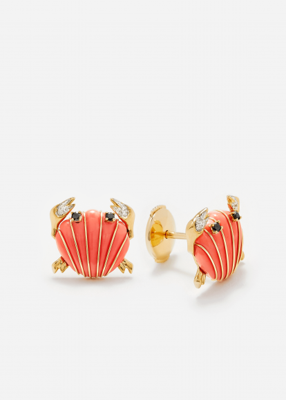 PAIRE DE MINI PUCES CRABE COQUILLAGE CORAIL OR JAUNE