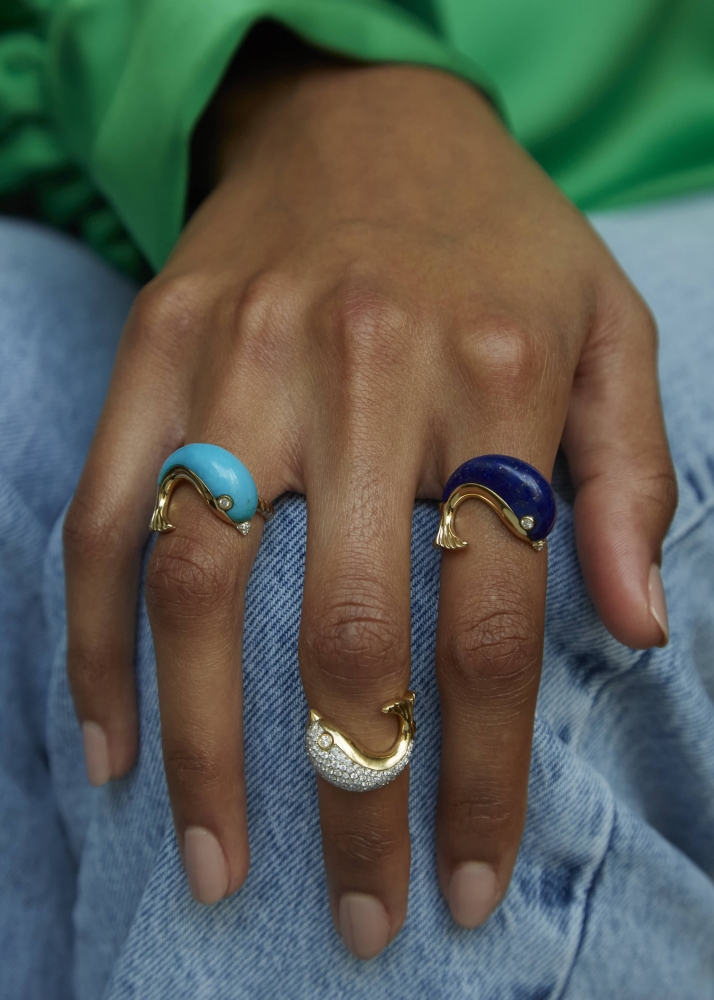 BAGUE DAUPHIN MALACHITE OR JAUNE