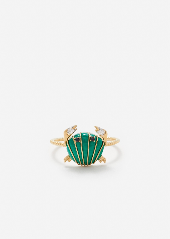 MINI BAGUE CRABE COQUILLAGE MALACHITE OR JAUNE