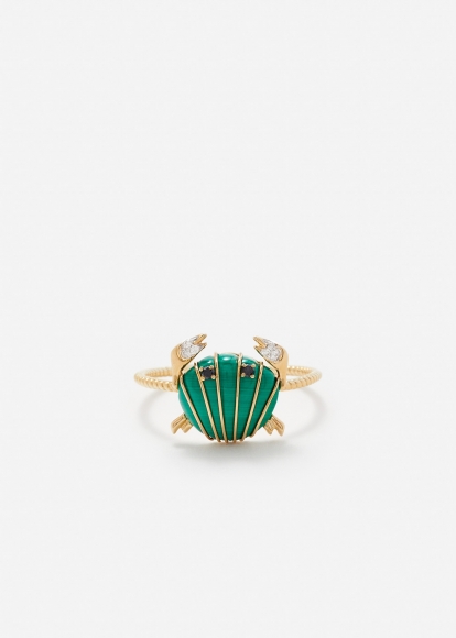 MINI BAGUE CRABE COQUILLAGE MALACHITE OR JAUNE