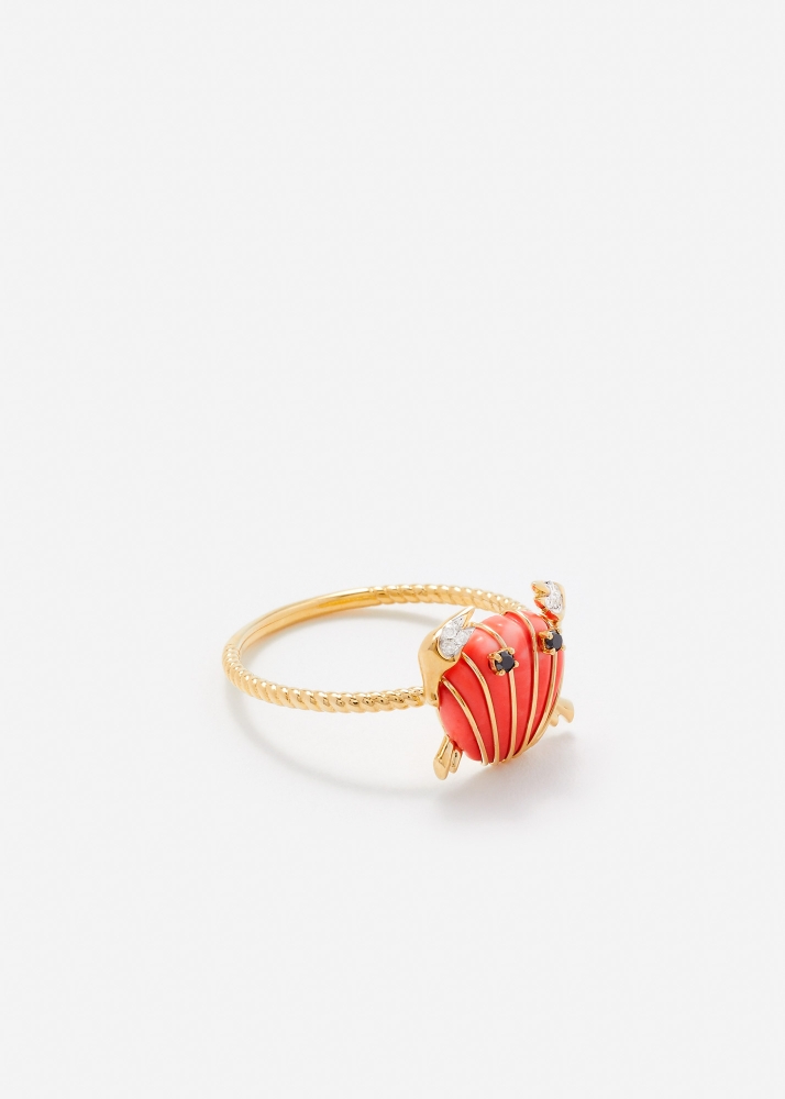 MINI BAGUE CRABE  COQUILLAGE CORAIL OR JAUNE
