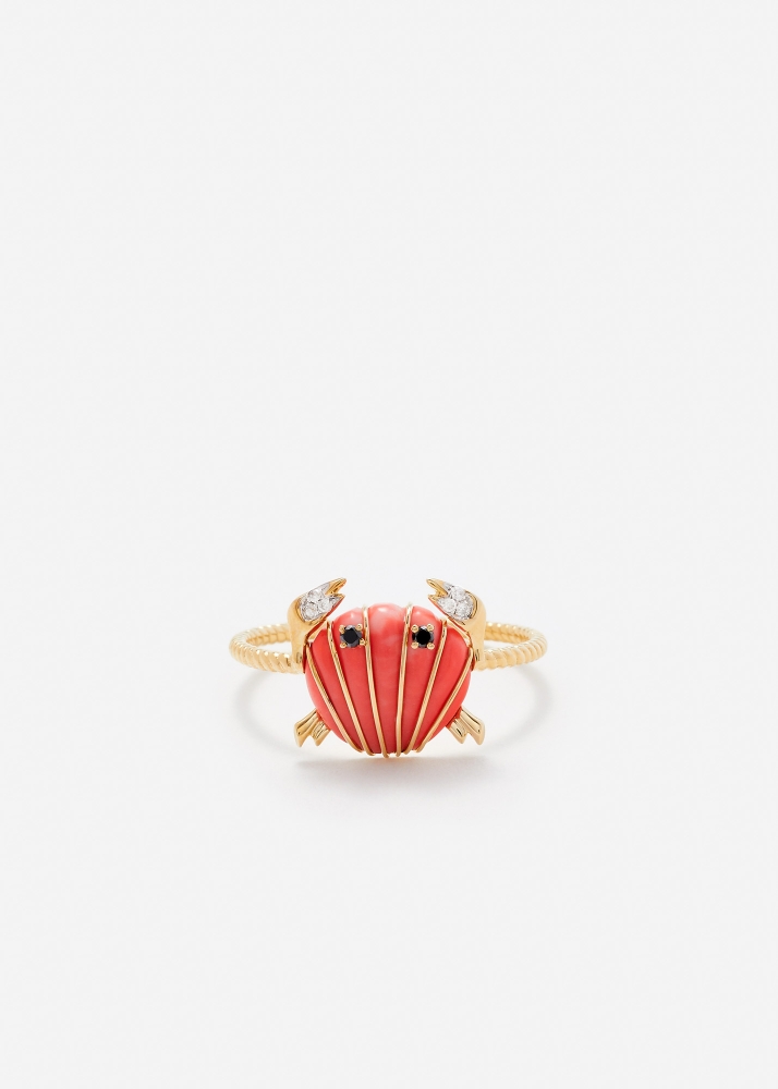 MINI BAGUE CRABE  COQUILLAGE CORAIL OR JAUNE