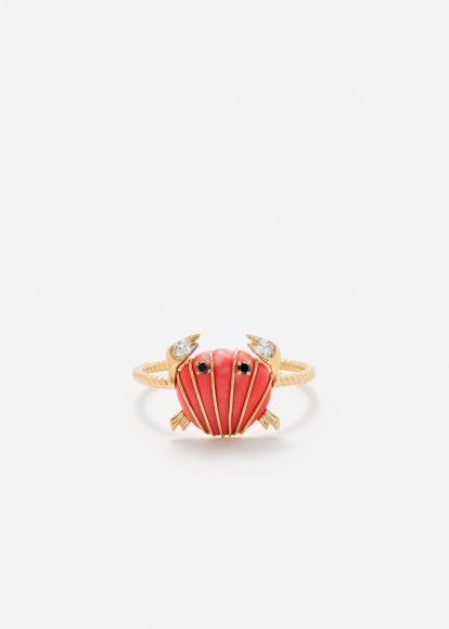 MINI BAGUE CRABE  COQUILLAGE CORAIL OR JAUNE