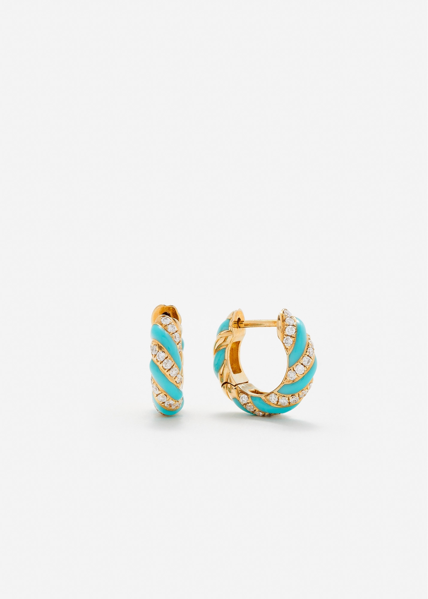 PAIRE DE CRÉOLES TORSADE TURQUOISE DIAMANTS OR JAUNE