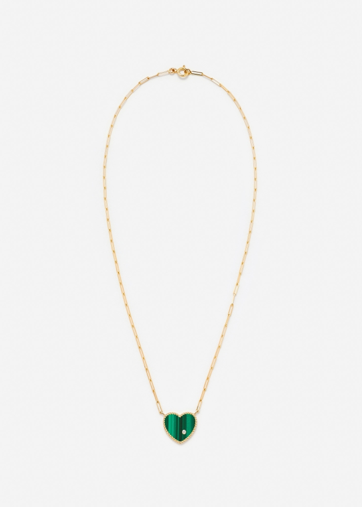 COLLIER SOLITAIRE COEUR PLAQUE MALACHITE OR JAUNE