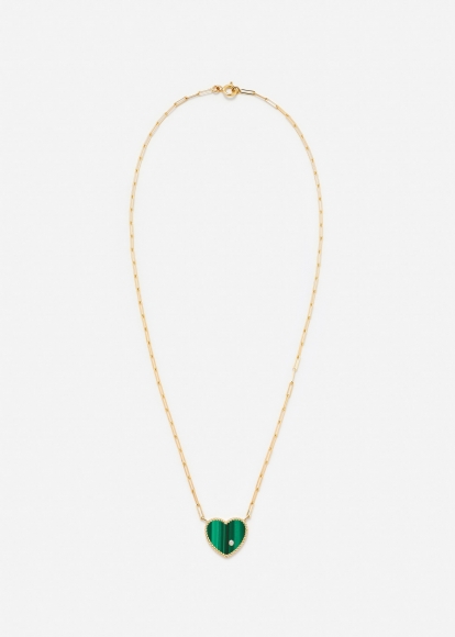 COLLIER SOLITAIRE COEUR PLAQUE MALACHITE OR JAUNE