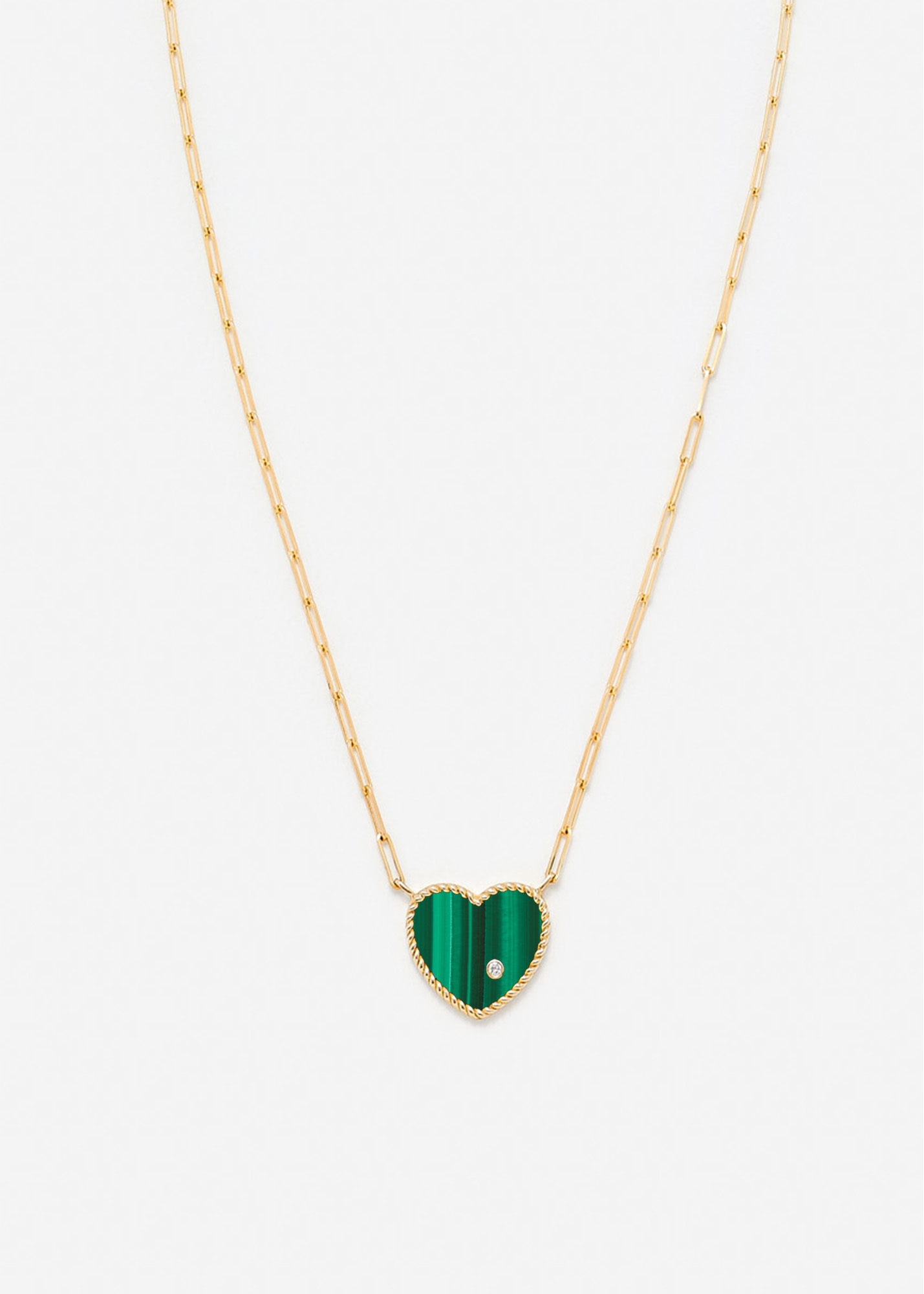 COLLIER SOLITAIRE COEUR PLAQUE MALACHITE OR JAUNE