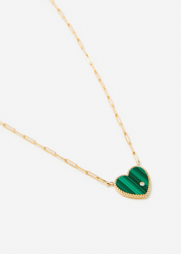 COLLIER SOLITAIRE COEUR PLAQUE MALACHITE OR JAUNE