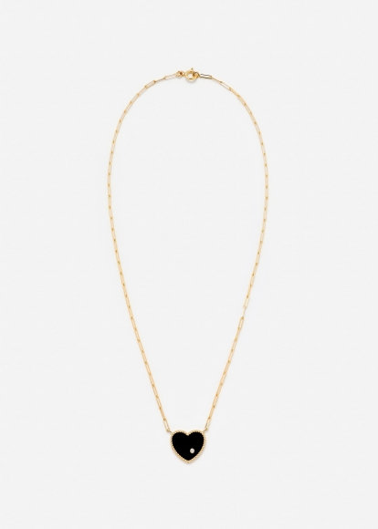 COLLIER SOLITAIRE COEUR PLAQUE ONYX OR JAUNE