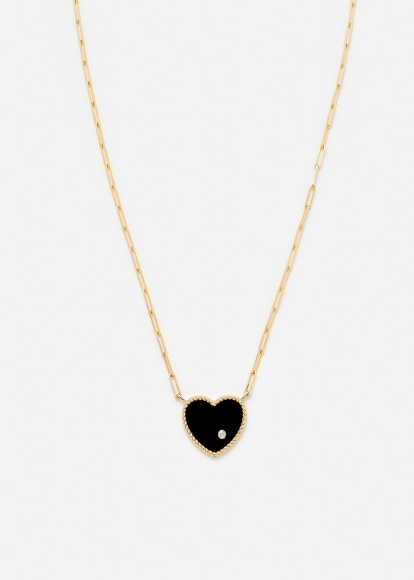 COLLIER SOLITAIRE COEUR PLAQUE ONYX OR JAUNE