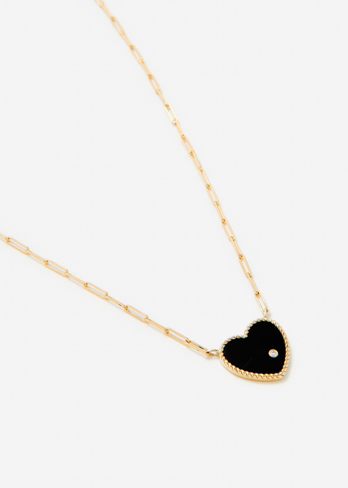 COLLIER SOLITAIRE COEUR PLAQUE ONYX OR JAUNE