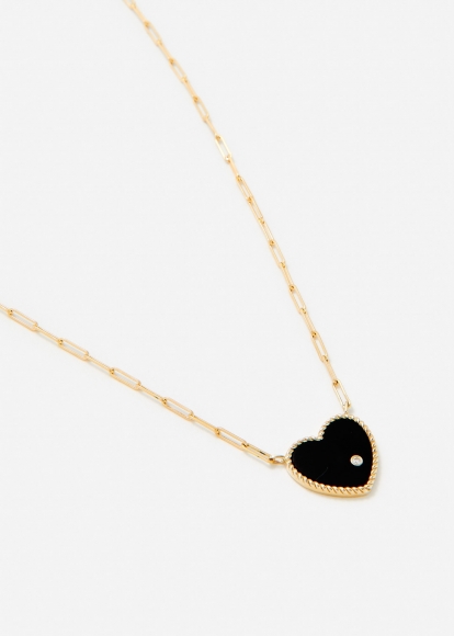 COLLIER SOLITAIRE COEUR PLAQUE ONYX OR JAUNE