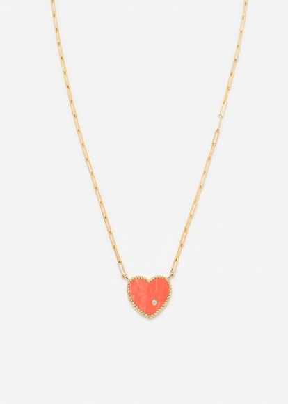 COLLIER SOLITAIRE COEUR PLAQUE CORAIL OR JAUNE