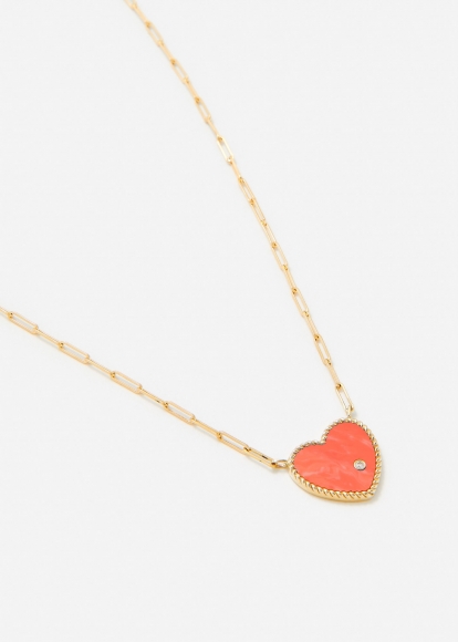 COLLIER SOLITAIRE COEUR PLAQUE CORAIL OR JAUNE
