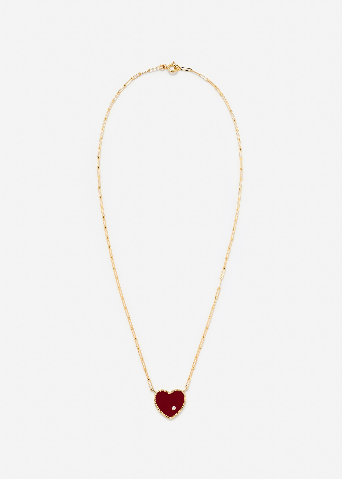 COLLIER SOLITAIRE COEUR PLAQUE AGATE ROUGE OR JAUNE