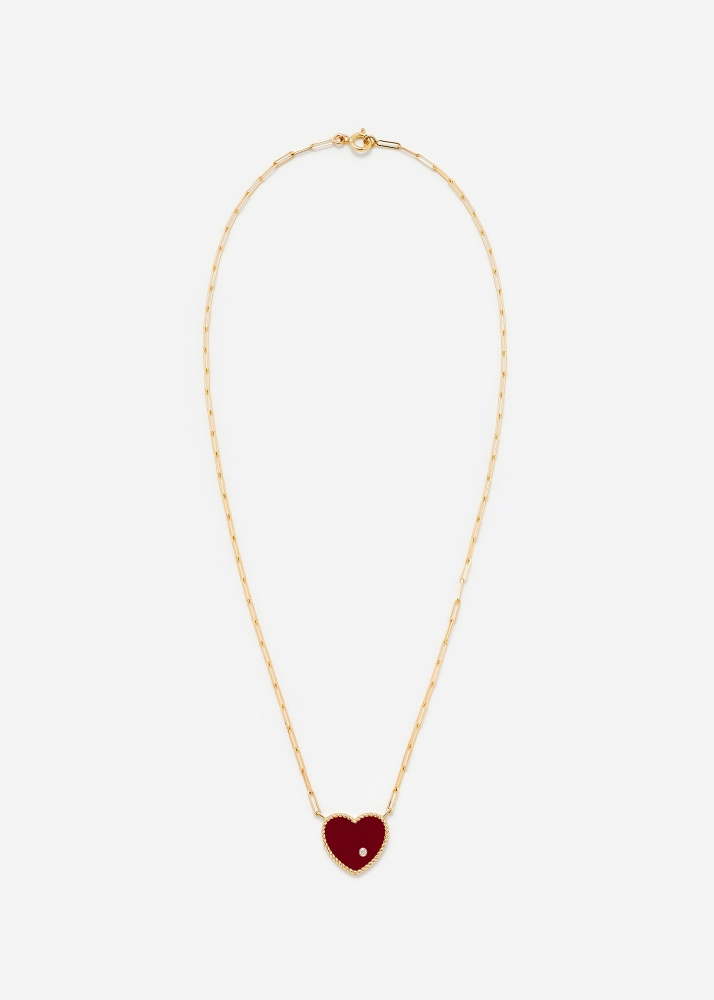 COLLIER SOLITAIRE COEUR PLAQUE AGATE ROUGE OR JAUNE