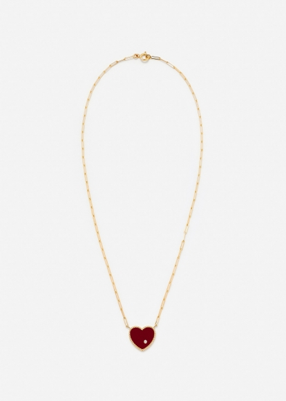 COLLIER SOLITAIRE COEUR PLAQUE AGATE ROUGE OR JAUNE