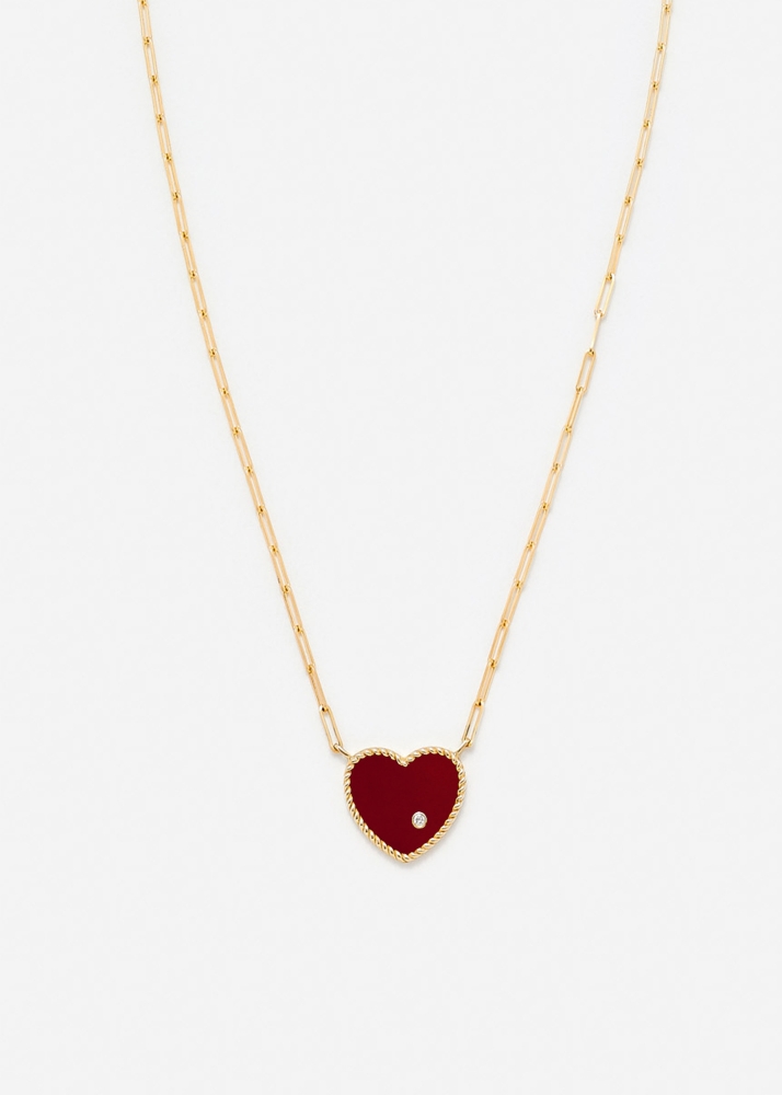 COLLIER SOLITAIRE COEUR PLAQUE AGATE ROUGE OR JAUNE