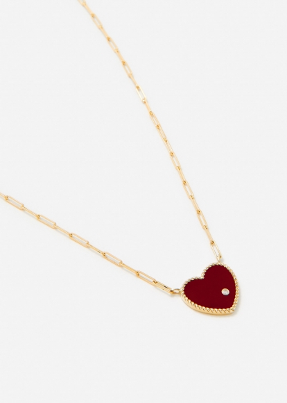 COLLIER SOLITAIRE COEUR PLAQUE AGATE ROUGE OR JAUNE