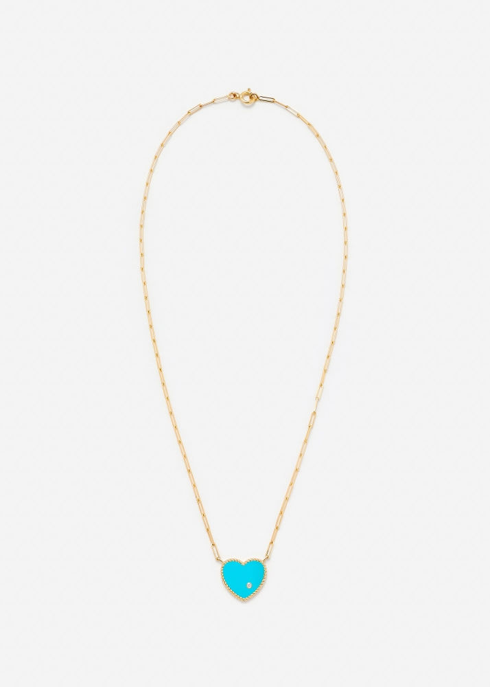 COLLIER SOLITAIRE COEUR PLAQUE TURQUOISE OR JAUNE