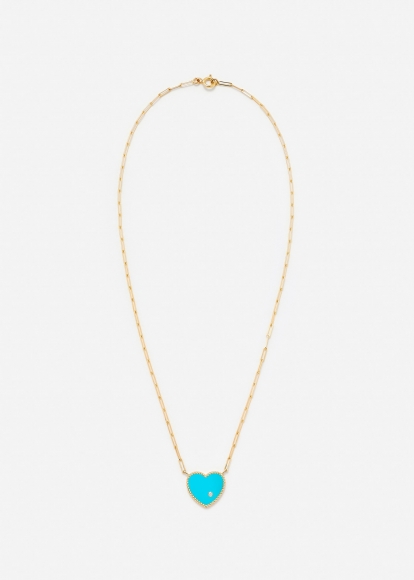 COLLIER SOLITAIRE COEUR PLAQUE TURQUOISE OR JAUNE
