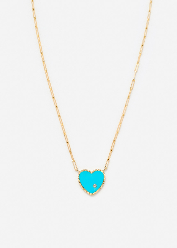 COLLIER SOLITAIRE COEUR PLAQUE TURQUOISE OR JAUNE