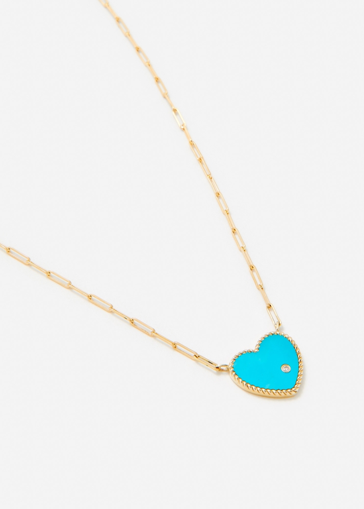 COLLIER SOLITAIRE COEUR PLAQUE TURQUOISE OR JAUNE