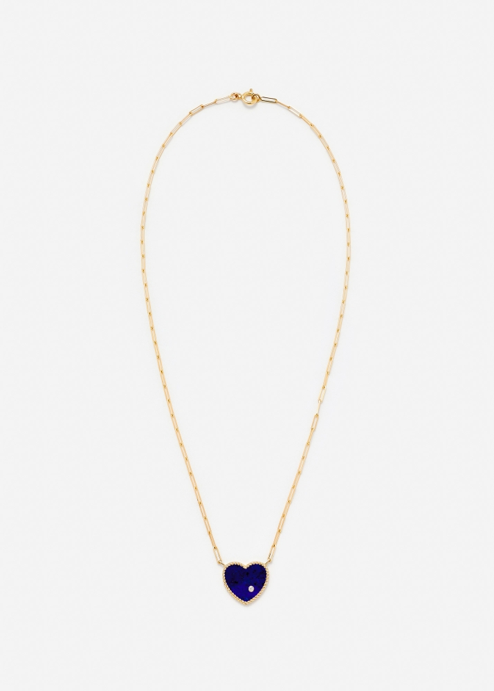 COLLIER SOLITAIRE COEUR PLAQUE LAPIS LAZULI OR JAUNE