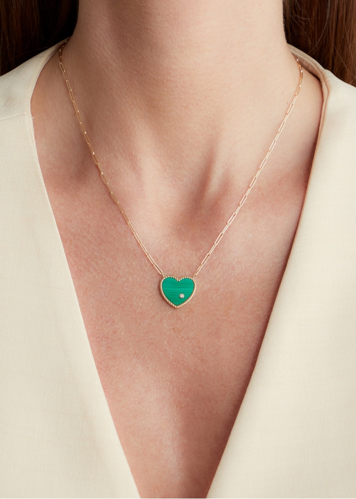 COLLIER SOLITAIRE COEUR PLAQUE MALACHITE OR JAUNE