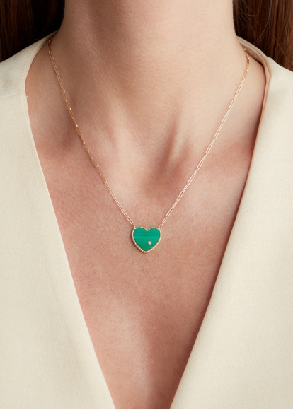 COLLIER SOLITAIRE COEUR PLAQUE MALACHITE OR JAUNE