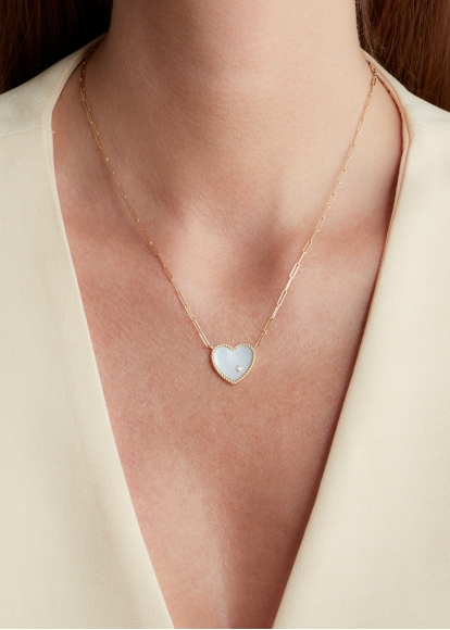 COLLIER SOLITAIRE COEUR PLAQUE NACRE OR JAUNE