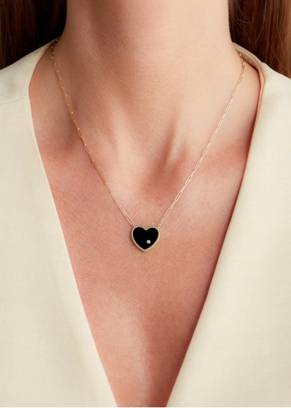 COLLIER SOLITAIRE COEUR PLAQUE ONYX OR JAUNE