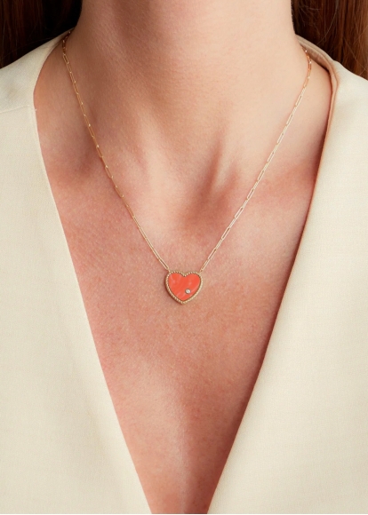 COLLIER SOLITAIRE COEUR PLAQUE CORAIL OR JAUNE