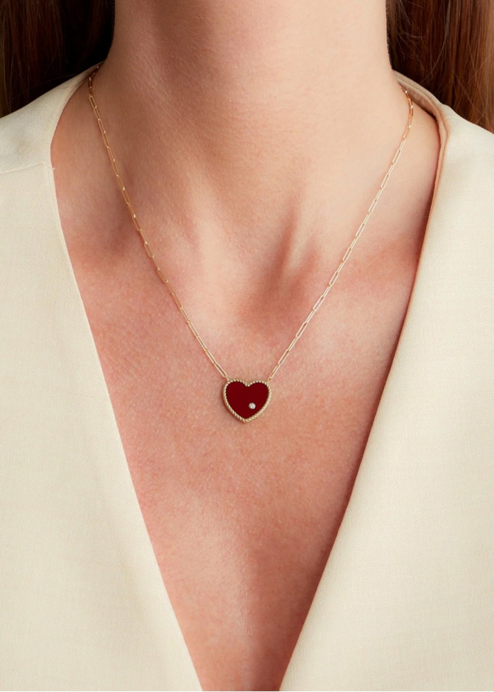COLLIER SOLITAIRE COEUR PLAQUE AGATE ROUGE OR JAUNE