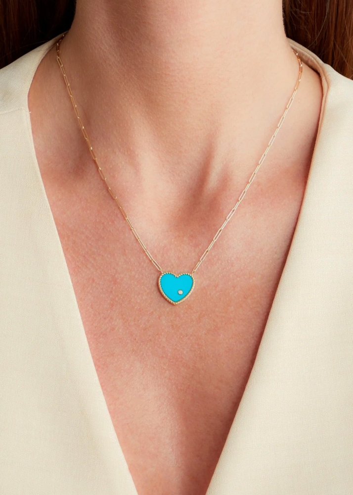 COLLIER SOLITAIRE COEUR PLAQUE TURQUOISE OR JAUNE