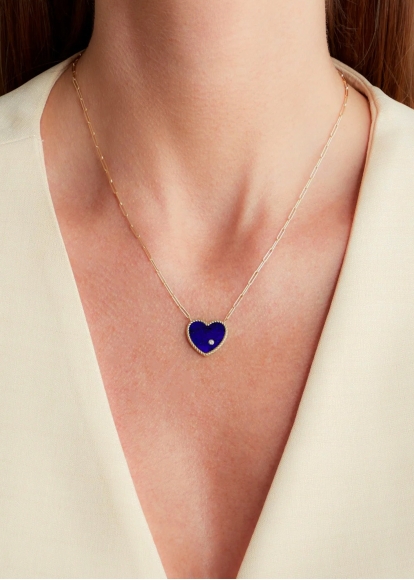 COLLIER SOLITAIRE COEUR PLAQUE LAPIS LAZULI OR JAUNE