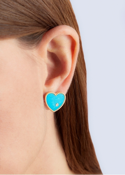 PAIRE DE PUCES COEUR TURQUOISE OR JAUNE