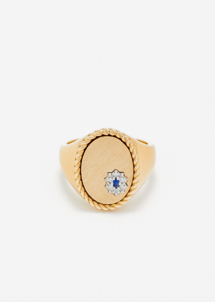 CHEVALIÈRE OVALE POMPADOUR SAPHIR BLEU OR JAUNE