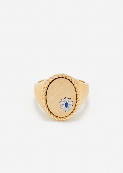 CHEVALIÈRE OVALE POMPADOUR SAPHIR BLEU OR JAUNE