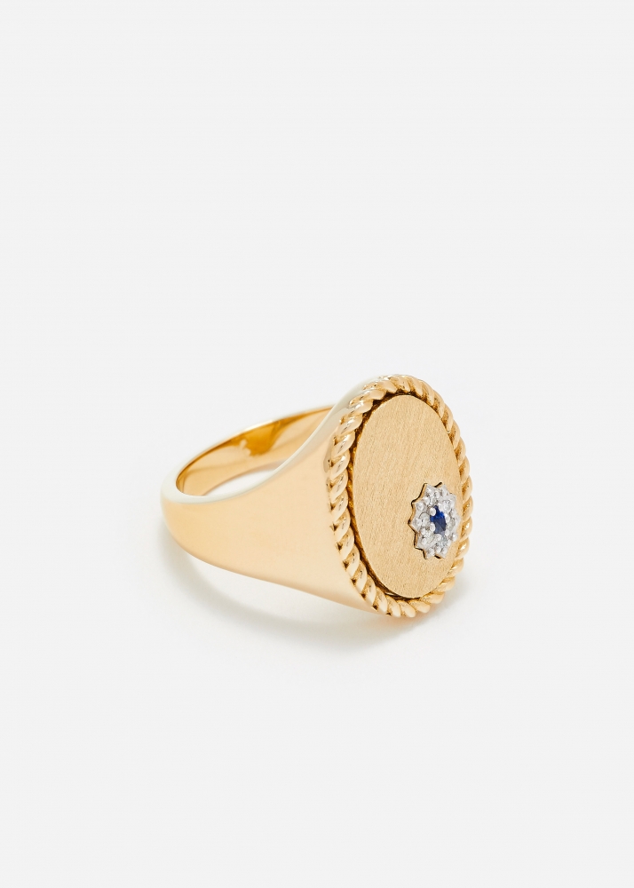 CHEVALIÈRE OVALE POMPADOUR SAPHIR BLEU OR JAUNE