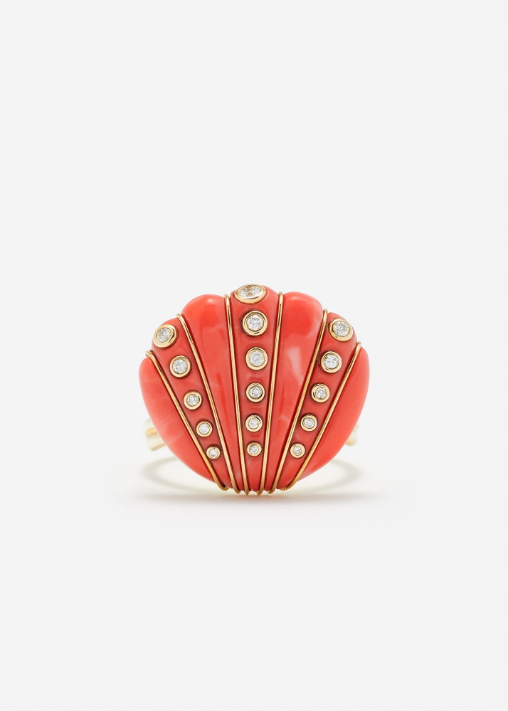 BAGUE COQUILLAGE DIAMANTS CORAIL OR JAUNE
