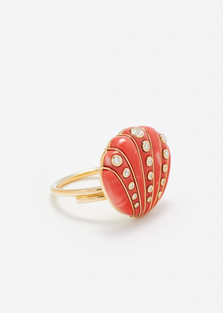BAGUE COQUILLAGE DIAMANTS CORAIL OR JAUNE