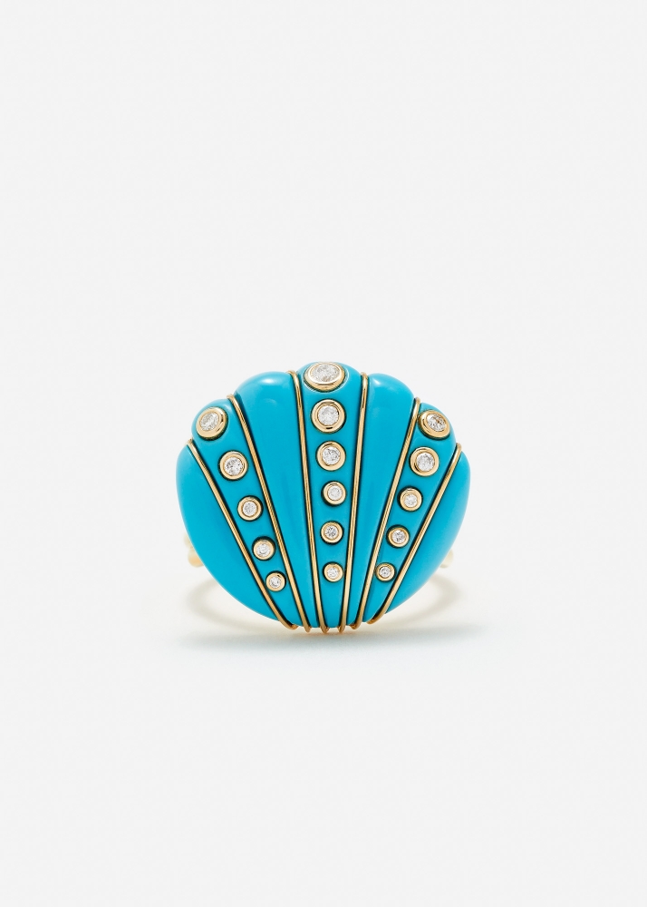 BAGUE COQUILLAGE DIAMANTS TURQUOISE OR JAUNE