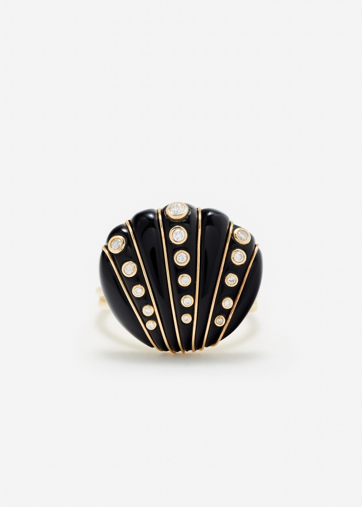 BAGUE COQUILLAGE DIAMANTS ONYX OR JAUNE
