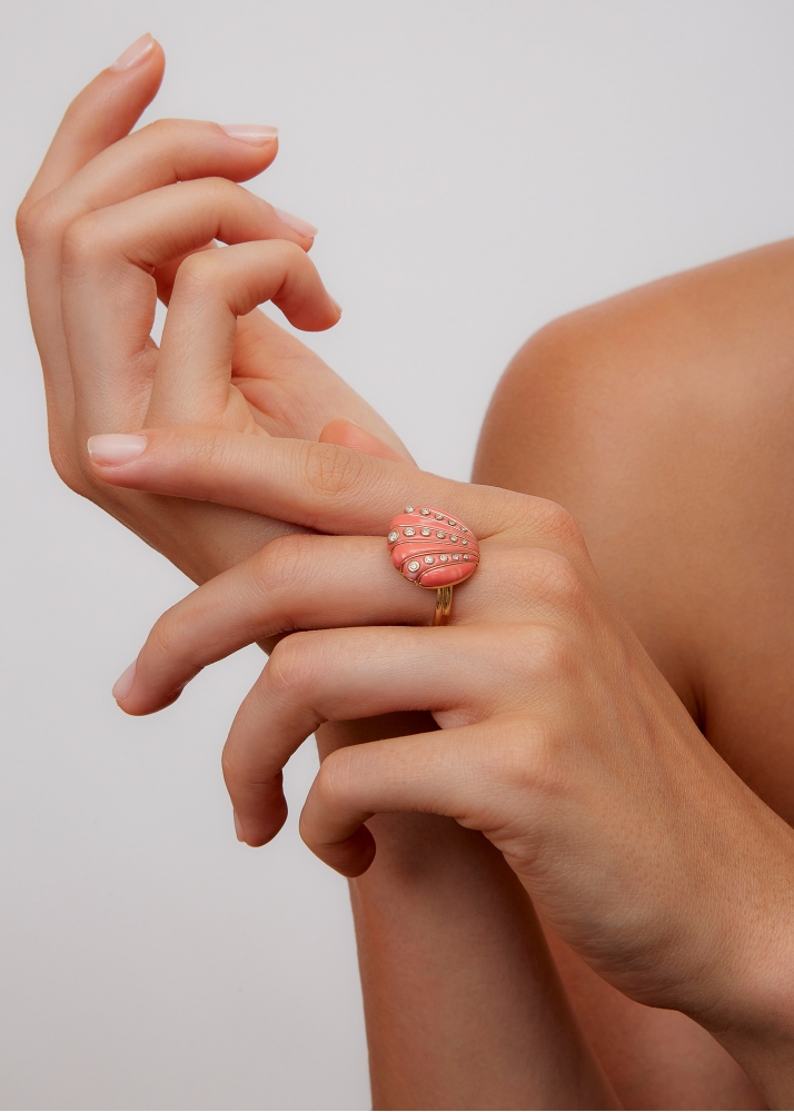 BAGUE COQUILLAGE DIAMANTS CORAIL OR JAUNE