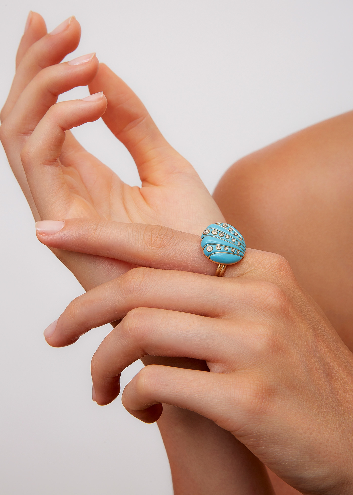 BAGUE COQUILLAGE DIAMANTS TURQUOISE OR JAUNE