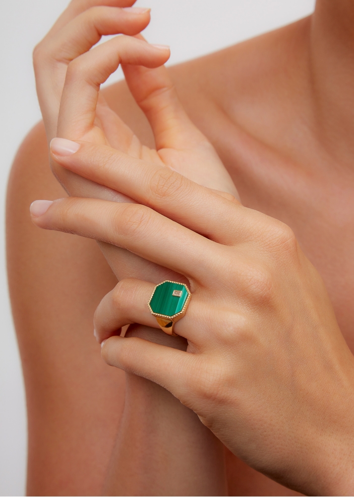CHEVALIÈRE OCTO MALACHITE OR JAUNE